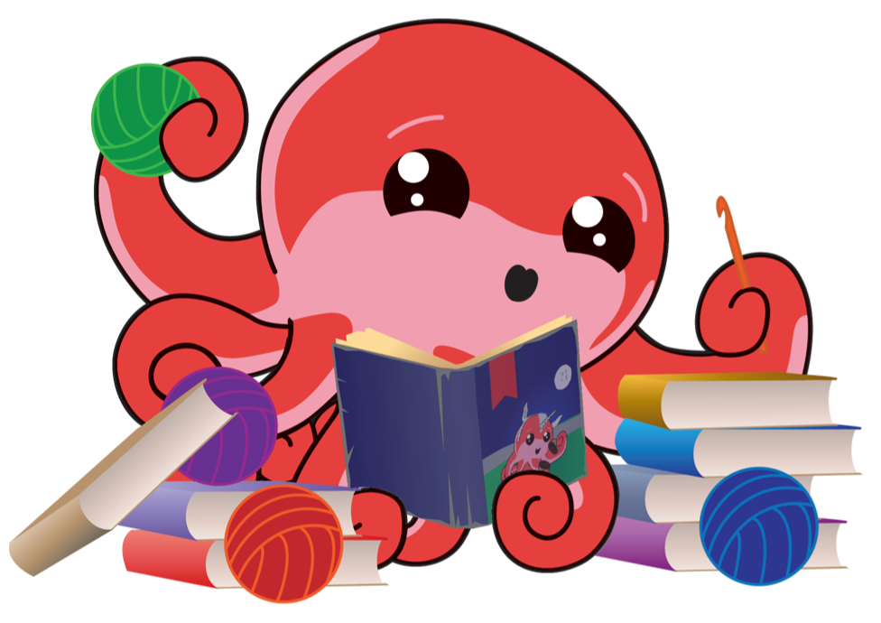 Octo reading a book and crocheting at the same time